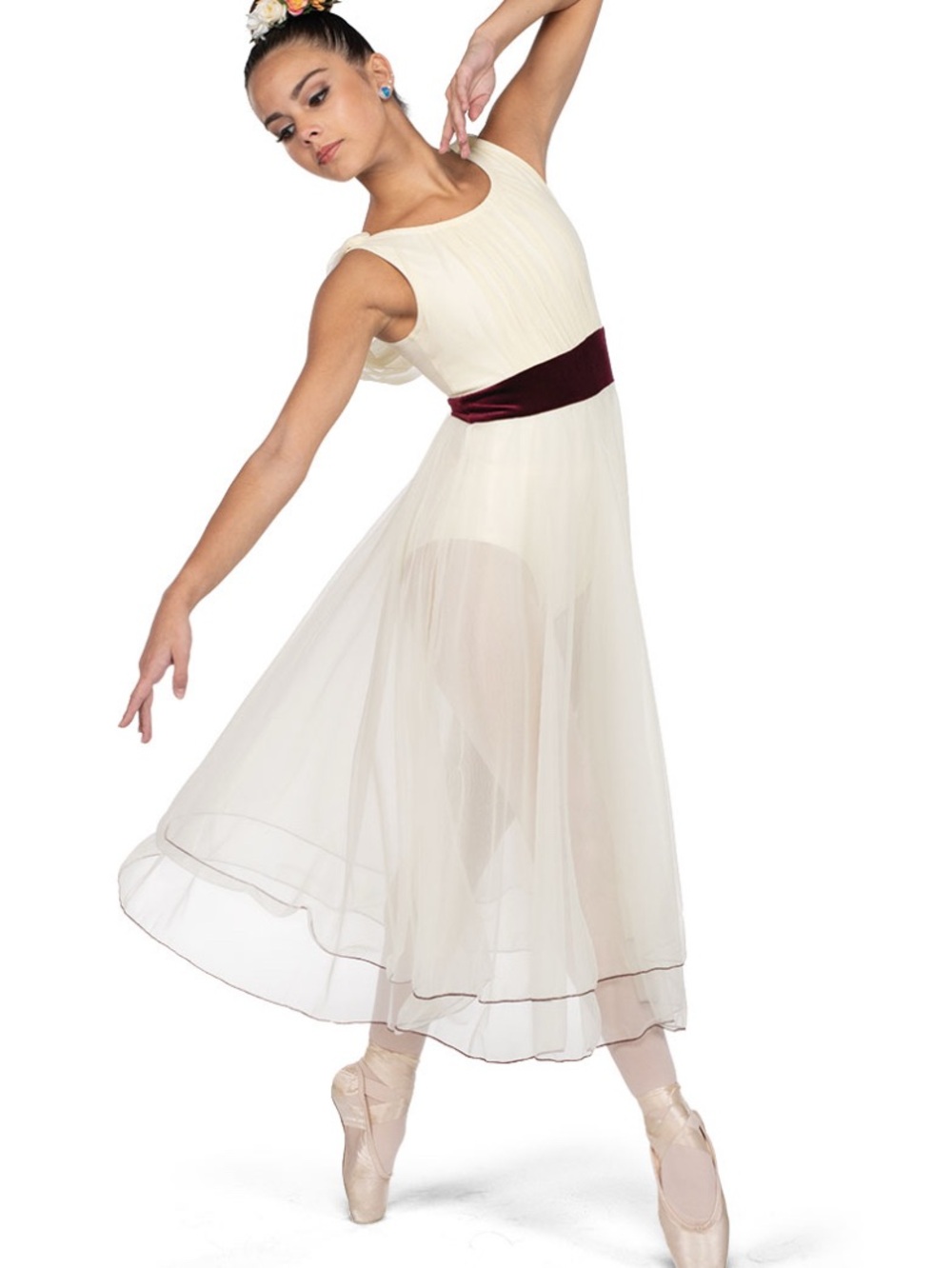 Ivory Chiffon Ballet/Lyrical Dance Costume with Burgundy Waistband